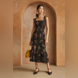 PAIGE Tolucah Black Dark Floral Midi Sundress Wedding Guest Boho Cottagecore M